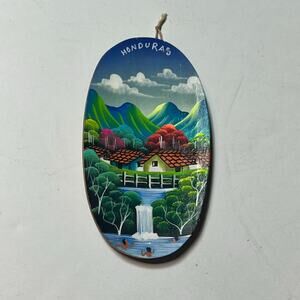 Hand-Painted Honduras Village Waterfall Folk Art Wood Plaque 6″ Wall Décor